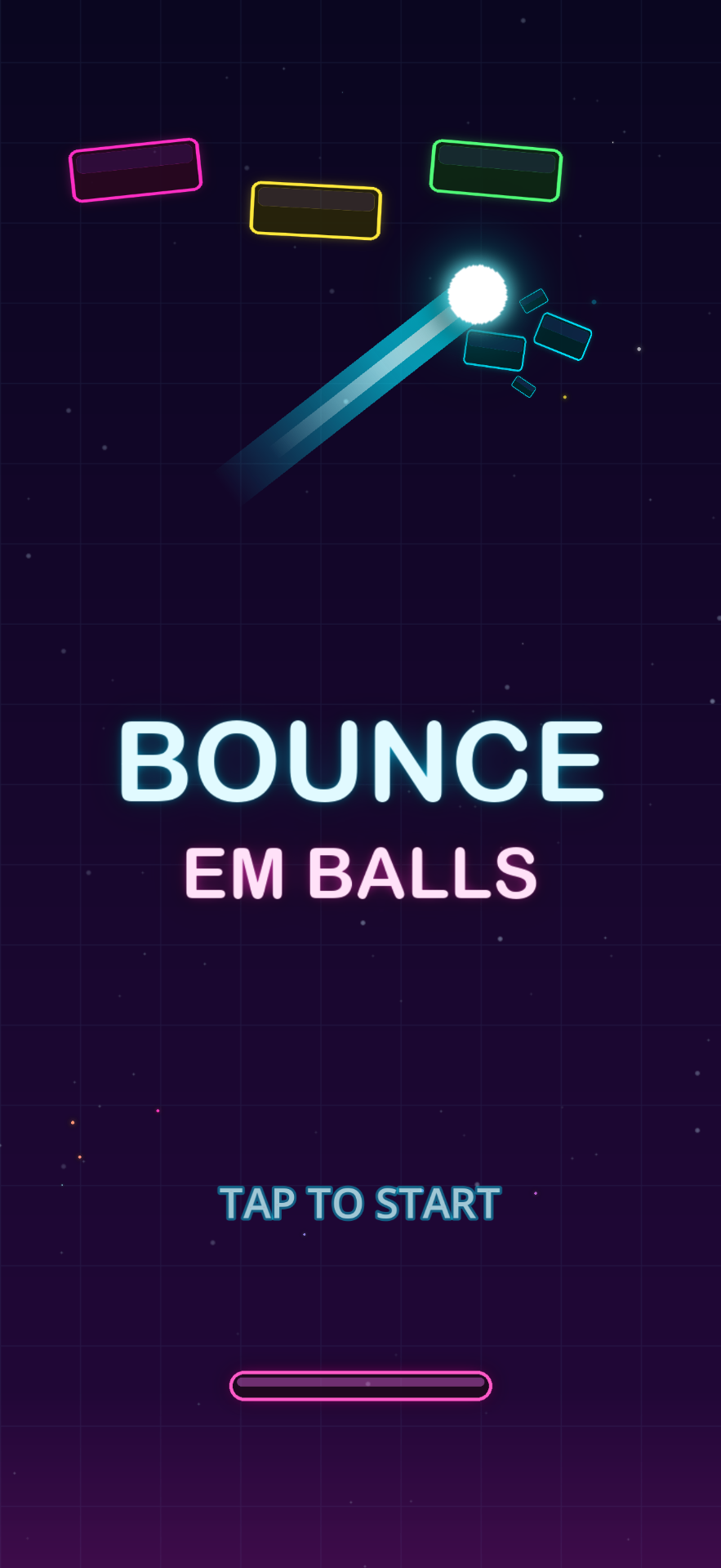 Bounce Em Balls splash screen with the neon logo and floating bricks