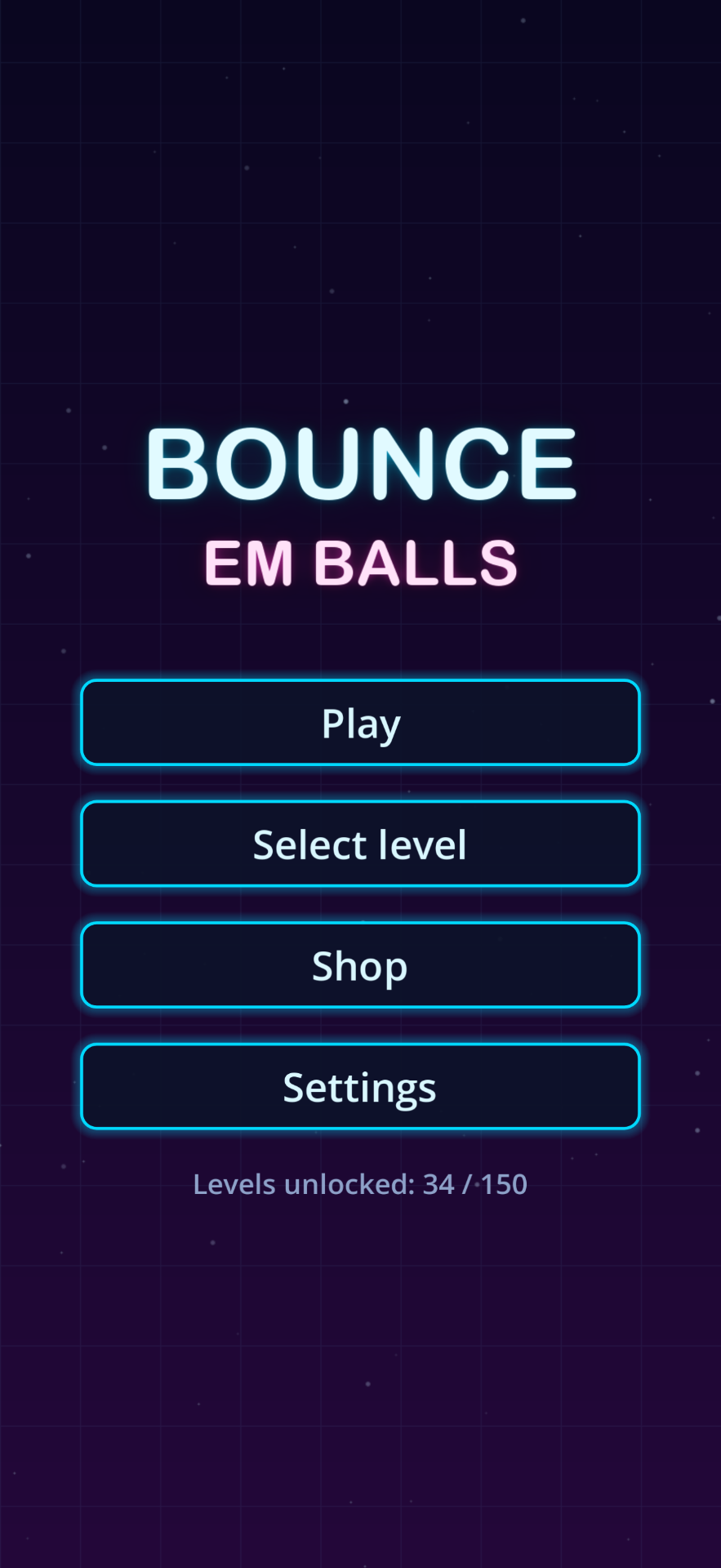 Bounce Em Balls main menu — Play, Select level, Shop and Settings