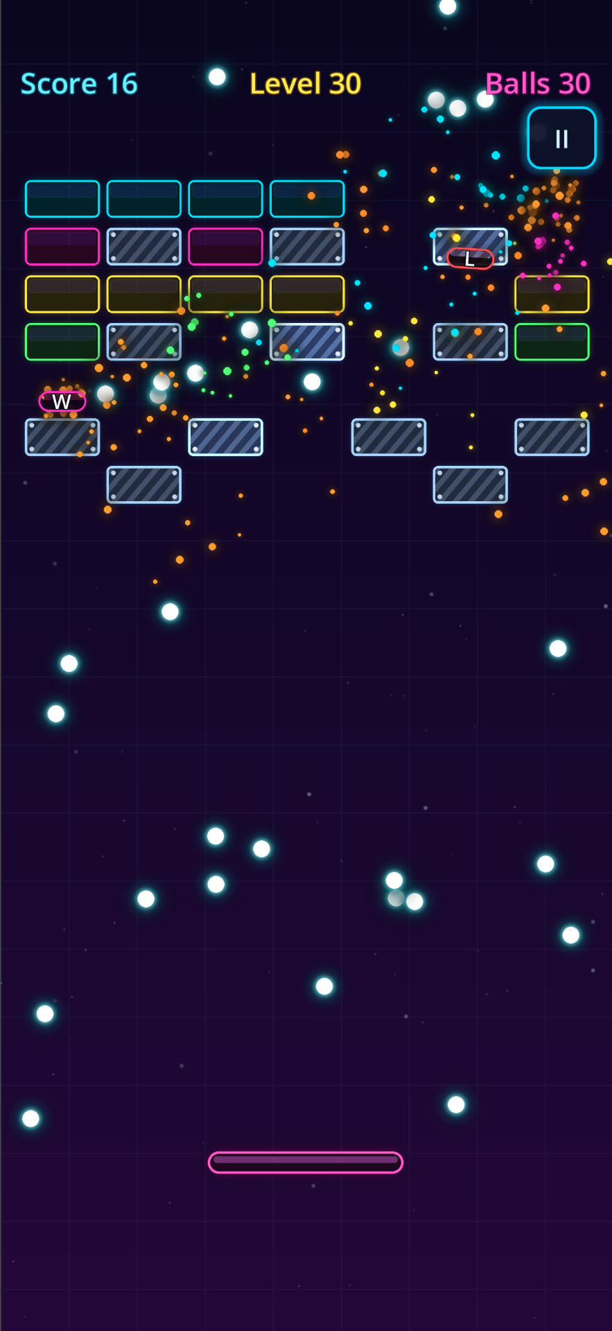 Bounce Em Balls gameplay — dozens of glowing balls raining across the board on level 30