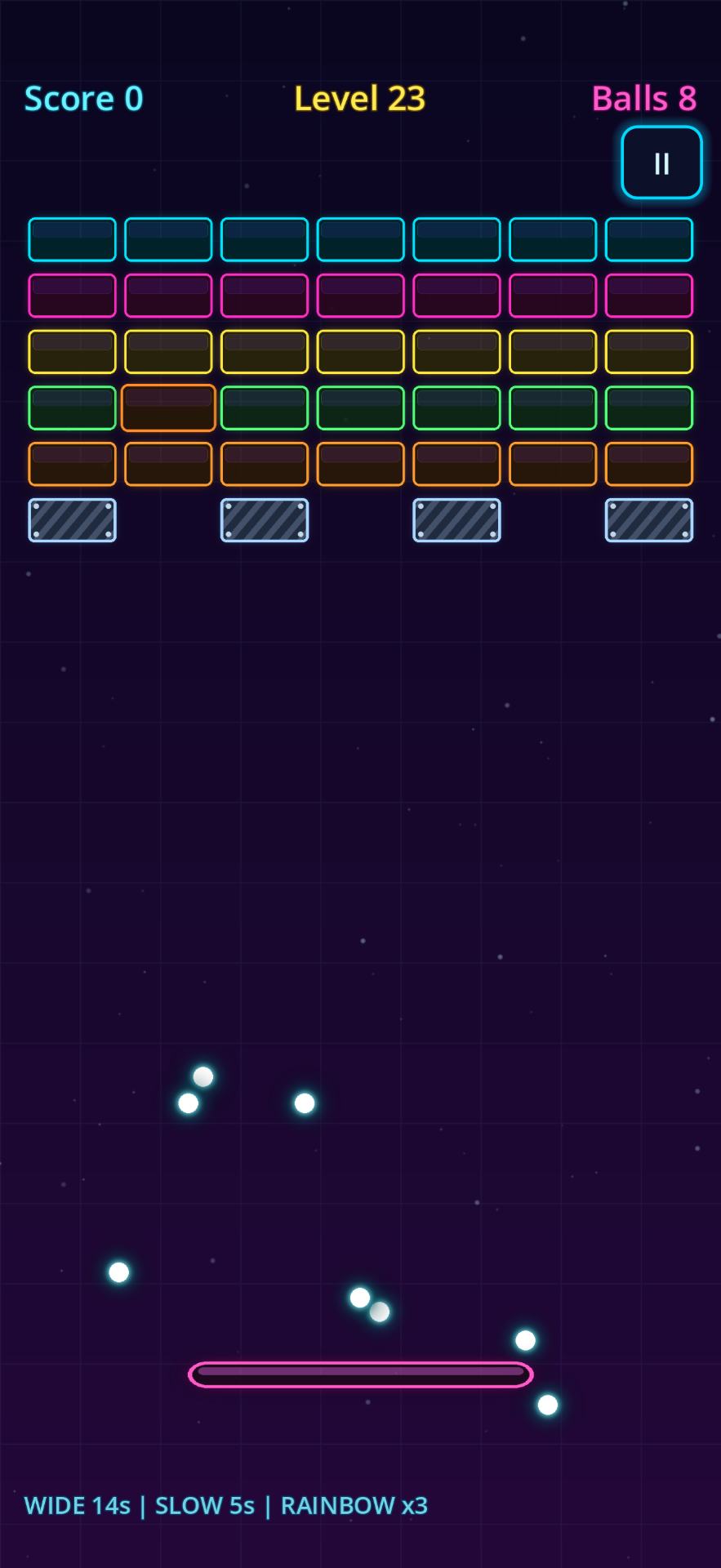 Bounce Em Balls gameplay showing active power-ups: Wide, Slow and Rainbow