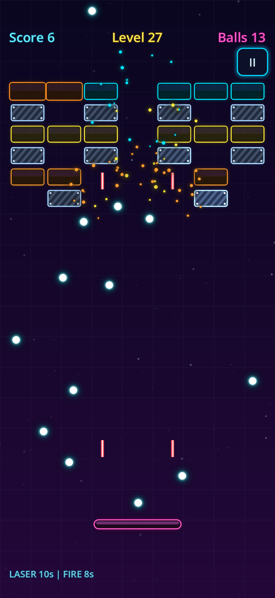 Bounce Em Balls gameplay with Laser and Fireball active, beams cutting through neon bricks