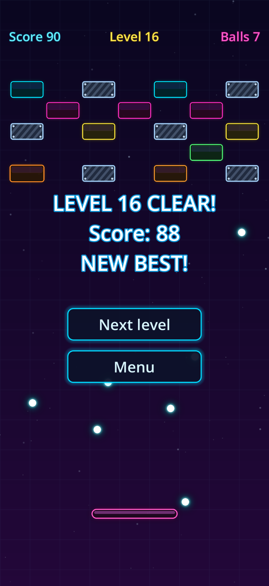 Bounce Em Balls level cleared screen showing a new best score