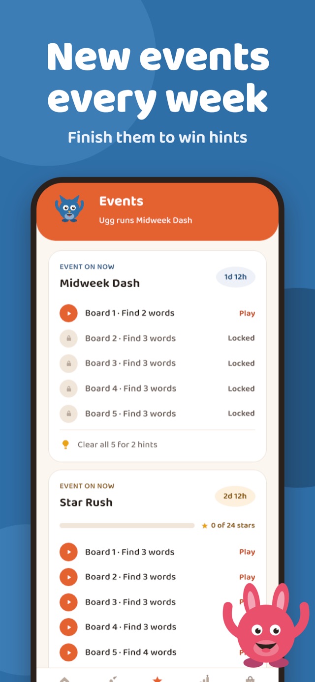 The Inkwell events screen listing the boards in Midweek Dash and Star Rush
