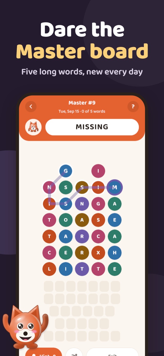 An Inkwell Master board with a deeper stack of letter bubbles and five words to find