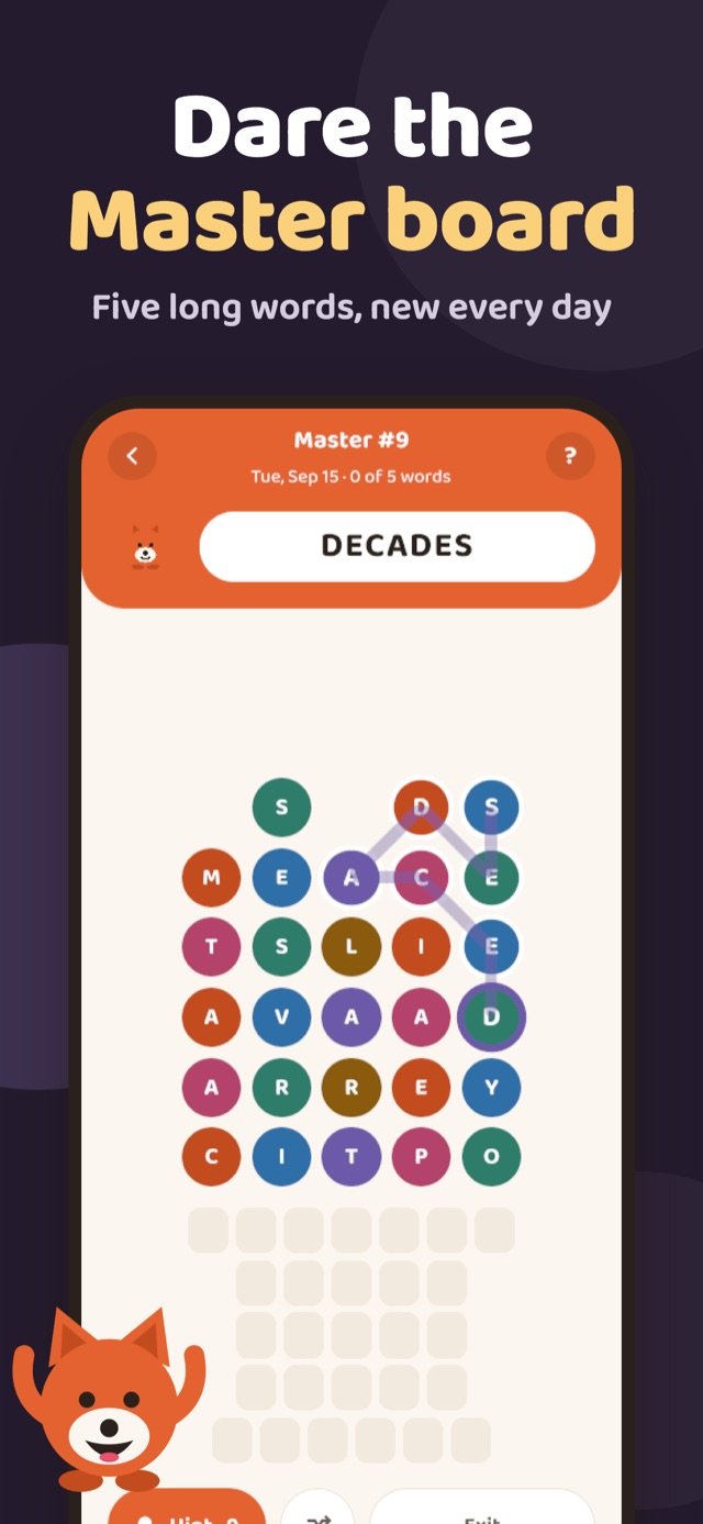 An Inkwell Master board with a deeper stack of letter bubbles and five words to find