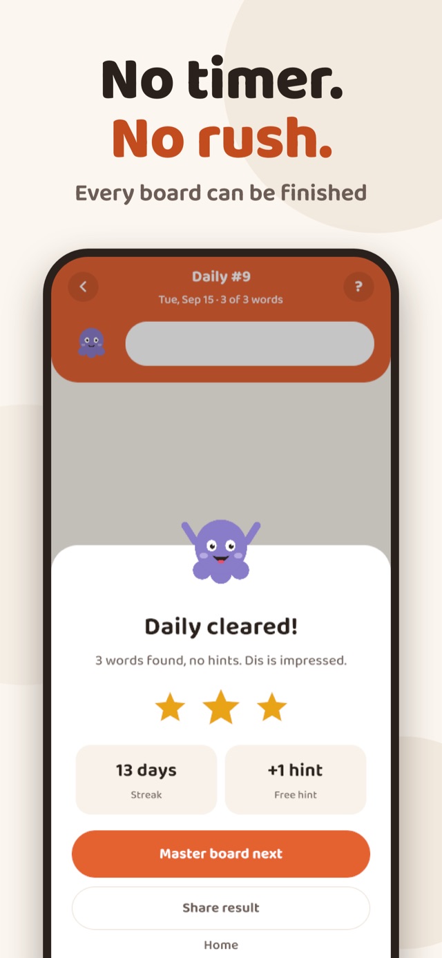 Inkwell daily board cleared with three stars, a 13 day streak and a share result button