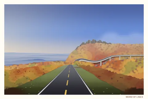 A painted postcard: a ribbon of road curving around an autumn mountainside.