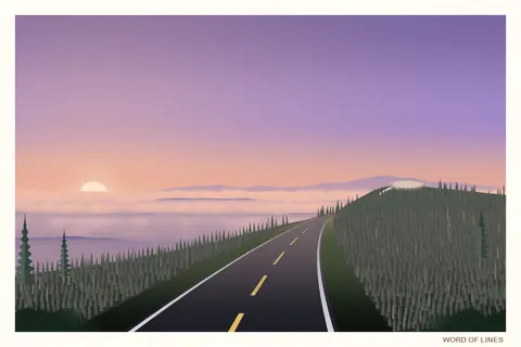 A painted postcard: a mountain road above a sea of clouds as the sun goes down.