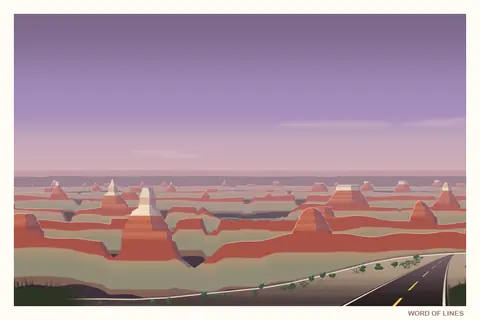 A painted postcard: temples and buttes of the canyon fading into a violet haze.