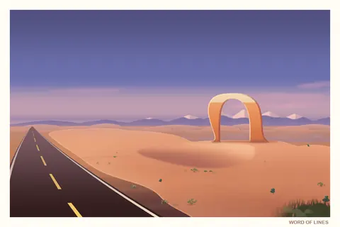 A painted postcard: a lone stone arch glowing on the rim of a slickrock bowl.