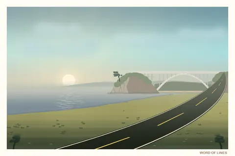 A painted postcard: a concrete arch bridge high above the surf on Highway 1.