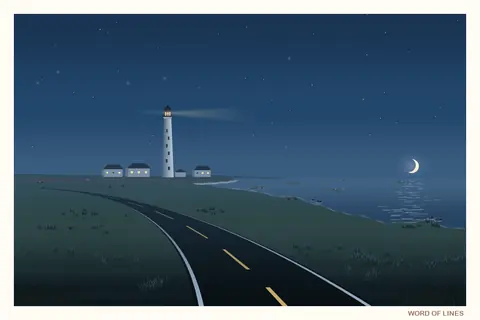 A painted postcard: a slim white lighthouse shines over the moonlit Pacific.