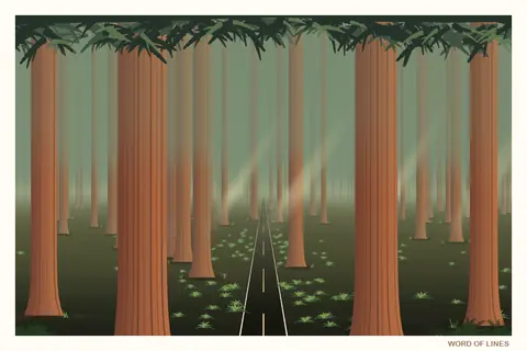 A painted postcard: ancient redwoods line a quiet two-lane road.
