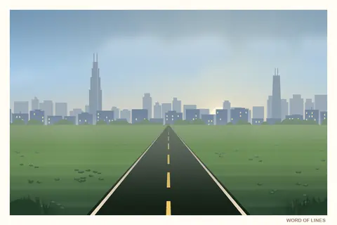 A painted postcard: the road runs toward the Chicago skyline, where the Mother Road begins.