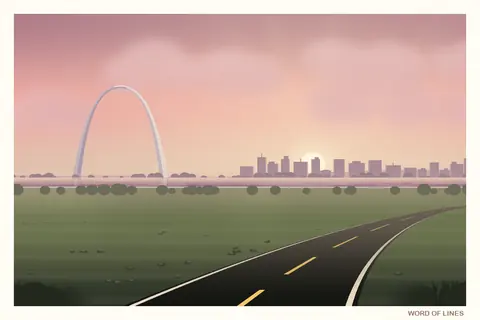 A painted postcard: the Gateway Arch shining over the Mississippi at dawn.