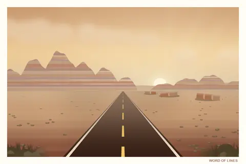 A painted postcard: hills striped in red, orange and lavender beside a desert road.