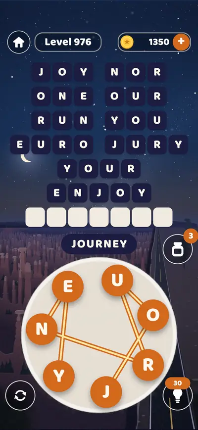 A level at Bryce Canyon at night: a line drawn across the letter wheel spells JOURNEY, under a board of words such as JOY, RUN and ENJOY.