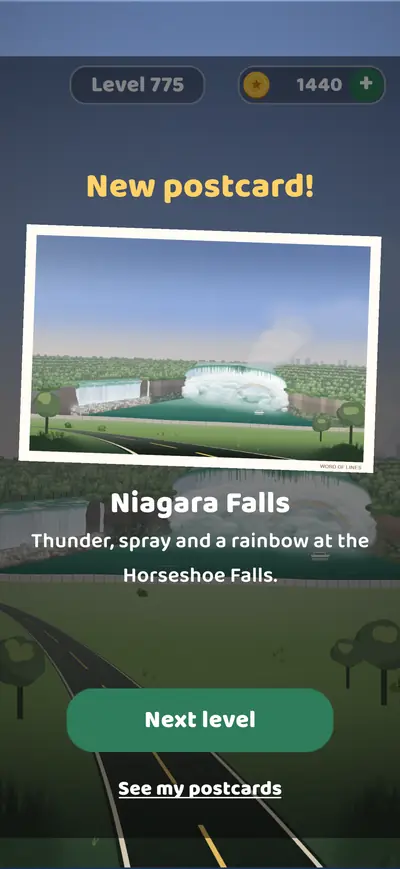 The New postcard! screen for Niagara Falls: the painted postcard of the Horseshoe Falls, its caption and a Next level button.