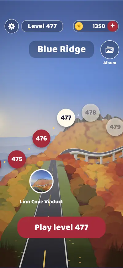 The route map on the Blue Ridge: numbered stops along a road past the Linn Cove Viaduct, with a Play level 477 button.