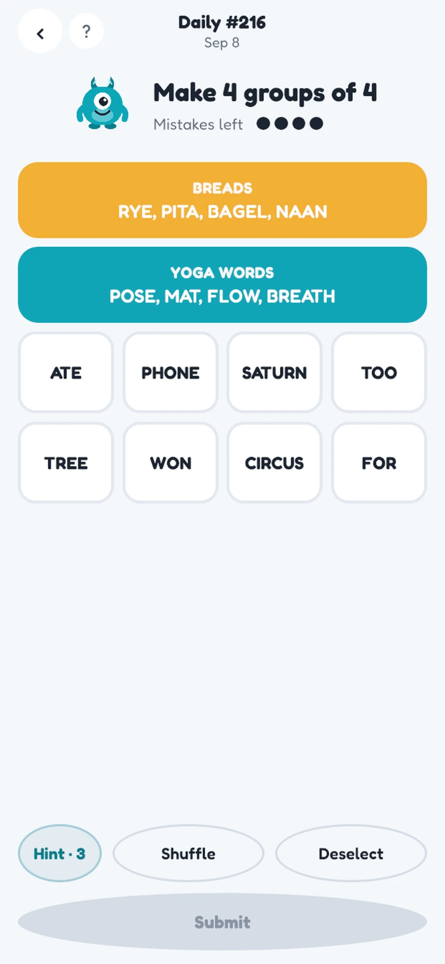 Wordfly Puzzle Groups mode with sixteen words waiting to be sorted into four categories