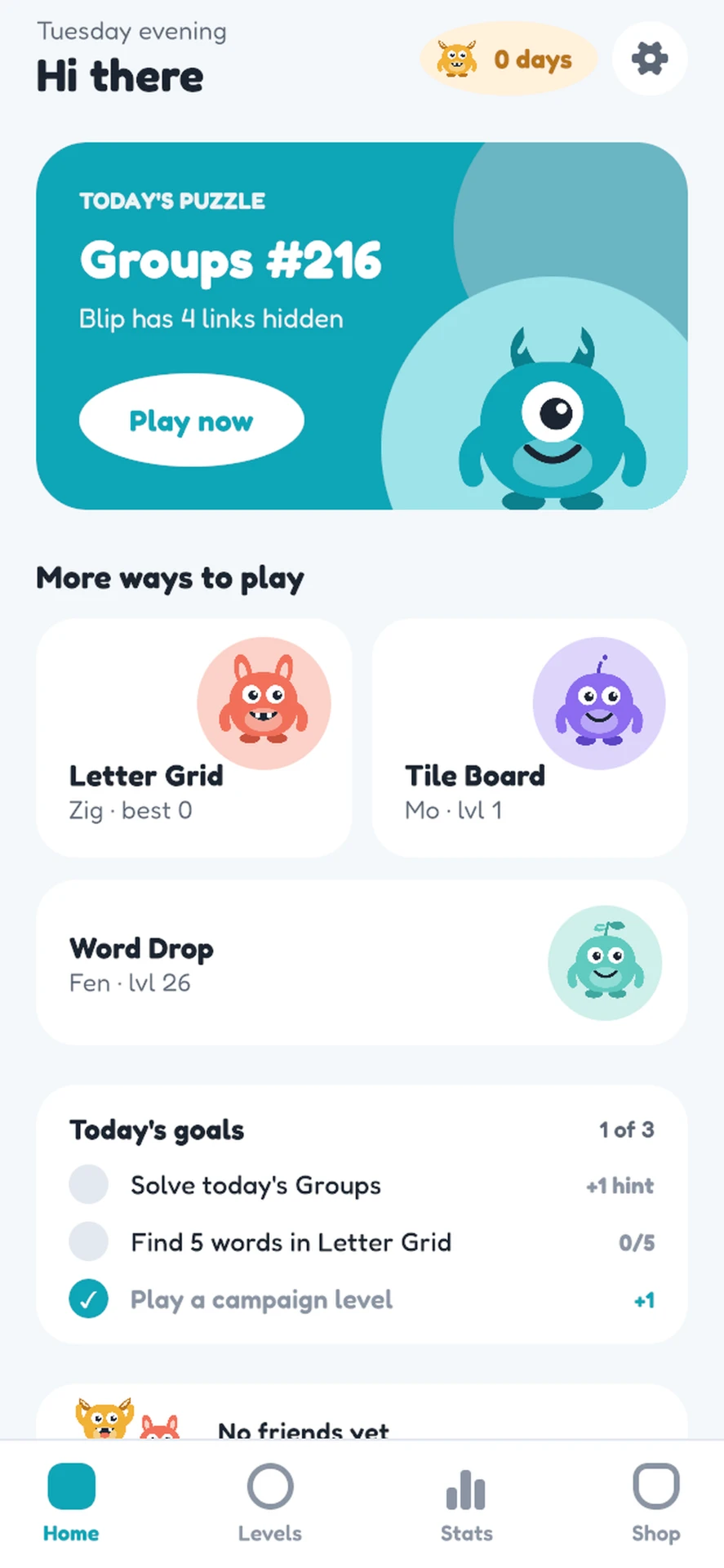 Wordfly Puzzle home screen on iPhone with the four game modes