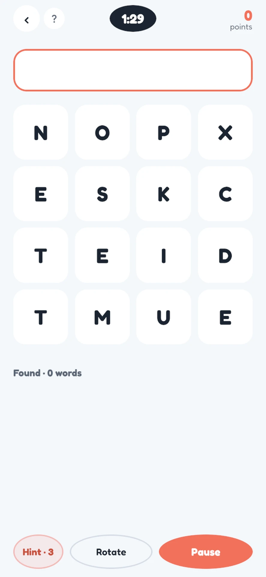 Wordfly Puzzle Letter Grid mode showing a timed grid of letters