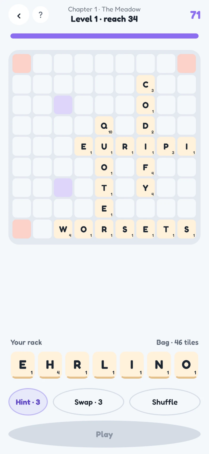 Wordfly Puzzle Tile Board mode with letter tiles forming crossing words