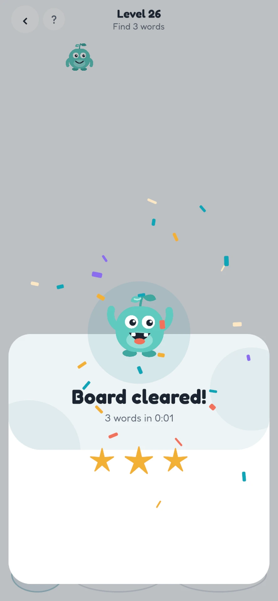 A completed Wordfly Puzzle round with a celebration screen
