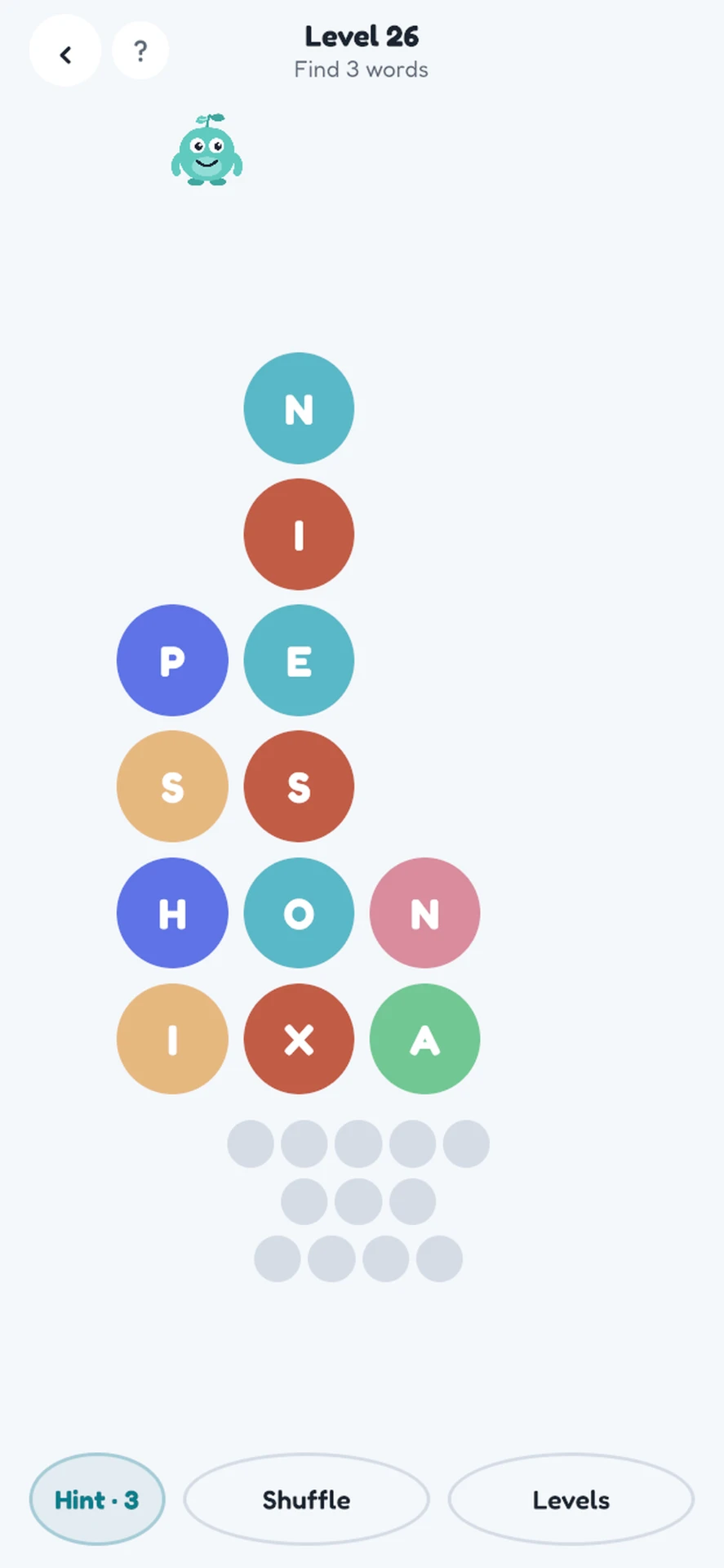Wordfly Puzzle Word Drop mode with stacked letter bubbles