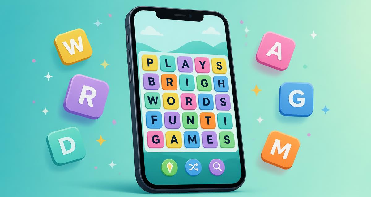 An iPhone showing a colourful word puzzle grid surrounded by floating letter tiles