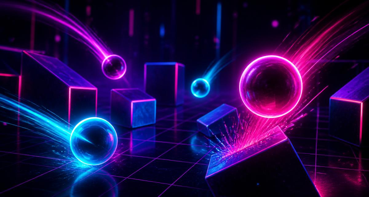 Neon balls ricocheting through geometric blocks in a Bounce Em Balls arcade scene