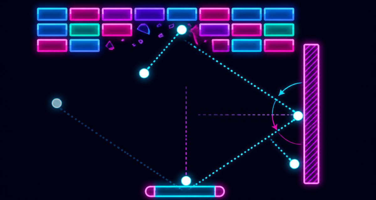 Diagram of neon balls reflecting off a wall at equal angles beneath a row of bricks