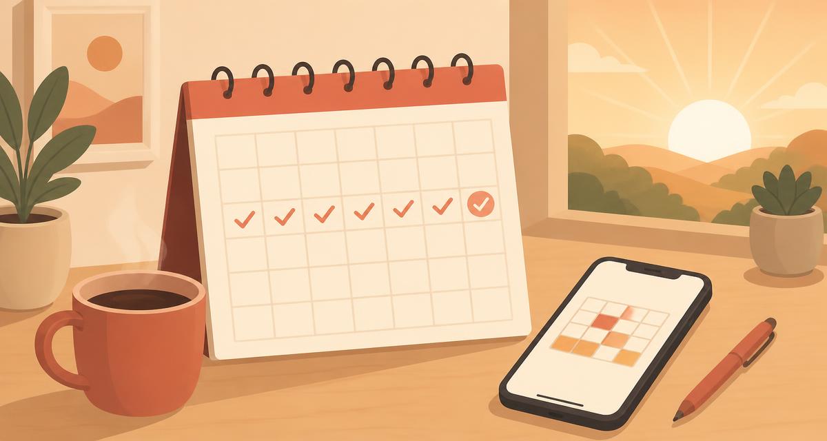A calendar with a row of ticks beside a coffee cup and an iPhone showing a small puzzle