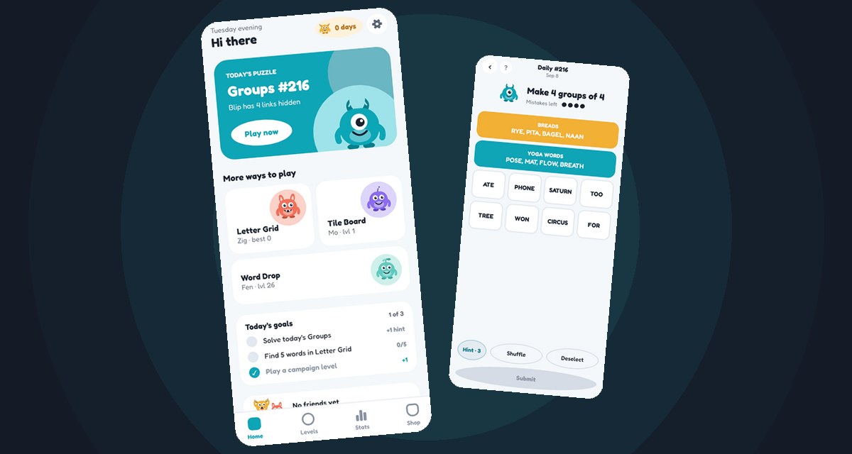 Two Wordfly screenshots on a dark background: the home screen and the Groups puzzle