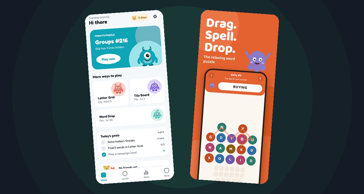 Two iPhone screenshots side by side: the Wordfly home screen and an Inkwell board of letter bubbles