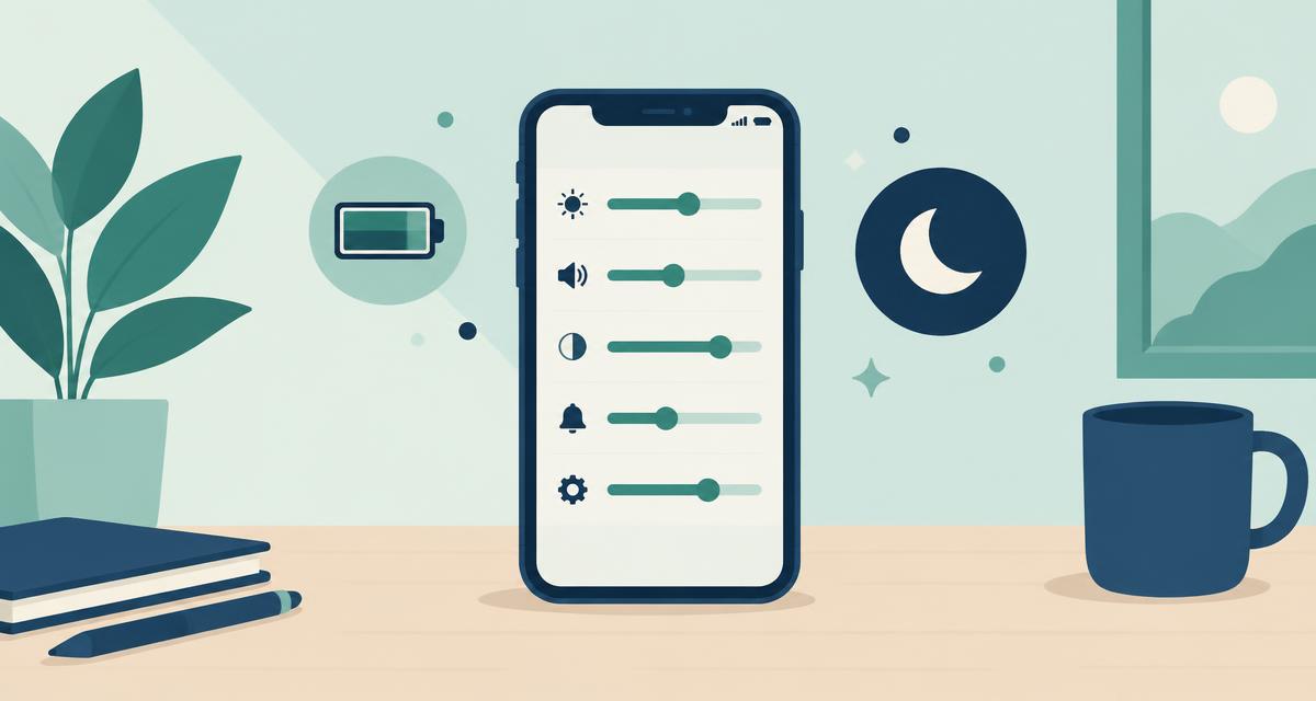 An iPhone on a desk surrounded by settings sliders, a battery icon and a moon icon