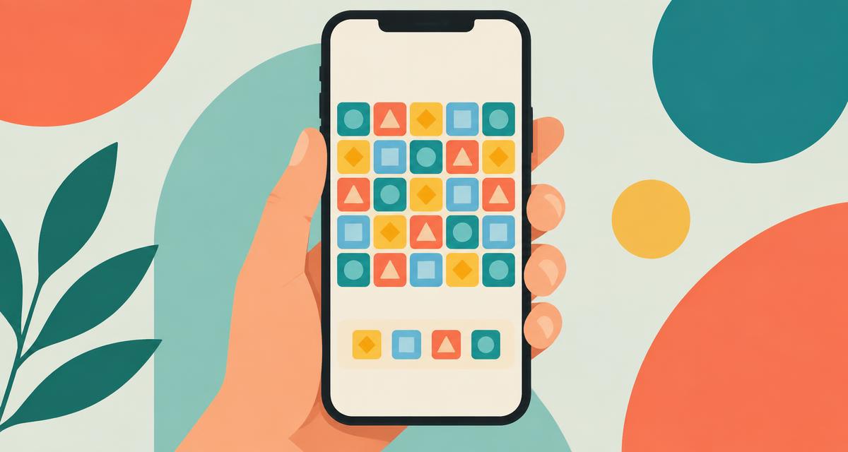 A hand holding an iPhone showing a colourful puzzle grid