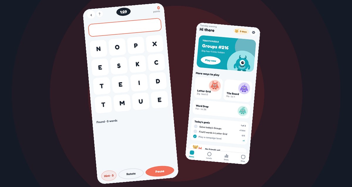 A 4×4 letter grid with a 90-second timer next to the Wordfly home screen