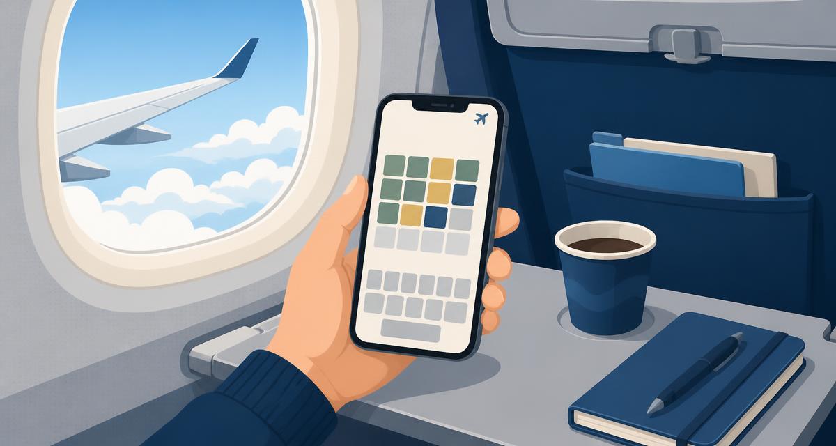 A hand holding an iPhone with a word puzzle on an aeroplane tray table, wing and clouds through the window