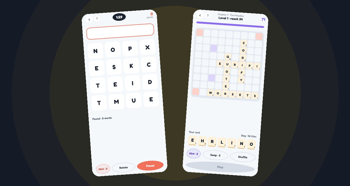 Two Wordfly screenshots on a dark background: a letter grid and the tile board rack
