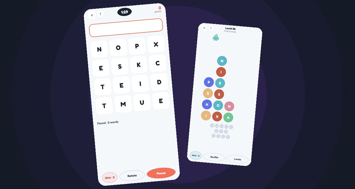 Two Wordfly screenshots on a dark background: the Letter Grid and Word Drop screens