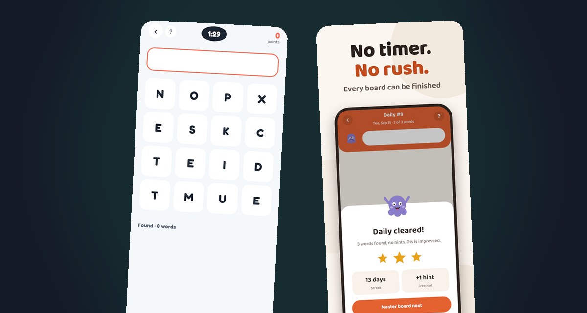 Two word games side by side: one counting down from 90 seconds, one saying there is no timer