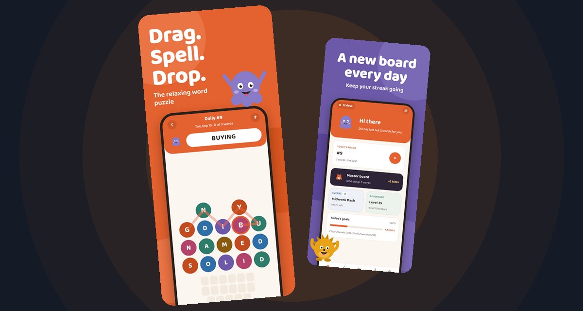 Two Inkwell screenshots on a dark background: a board of letter bubbles and the daily board