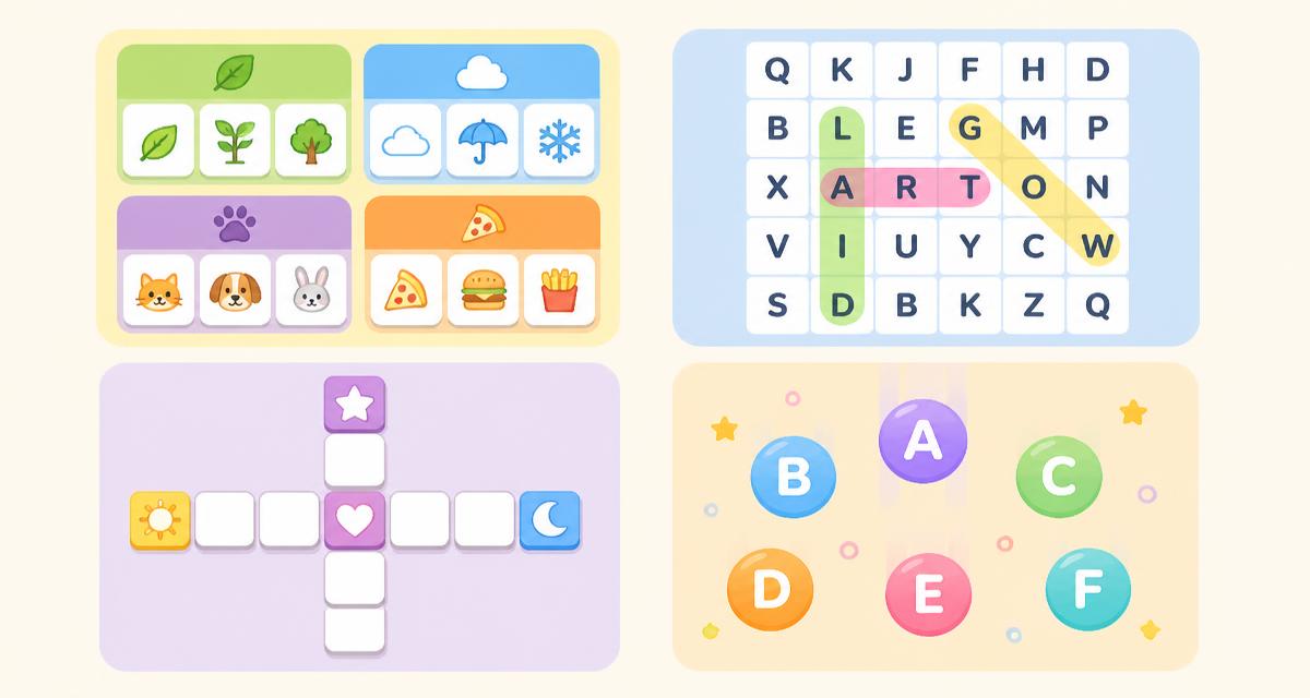Four Wordfly Puzzle game modes side by side: word groups, letter grid, crossing tiles and letter bubbles
